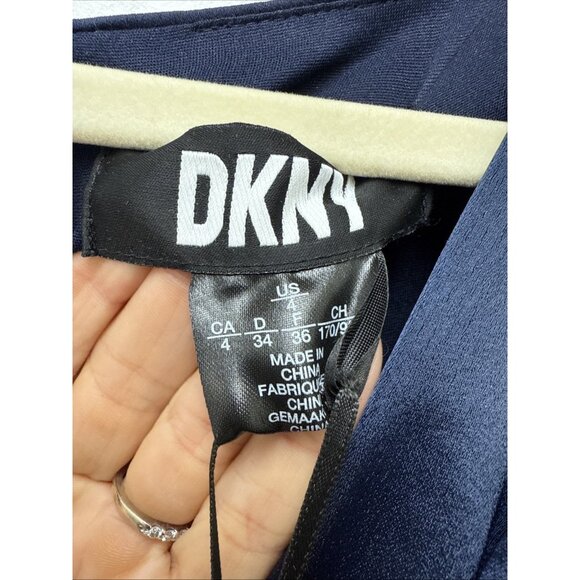 New DKNY Size 4 Navy Blue Balloon-3/4 Sleeve Faux-Wrap Gown Midi Dress Belted - Picture 9 of 11